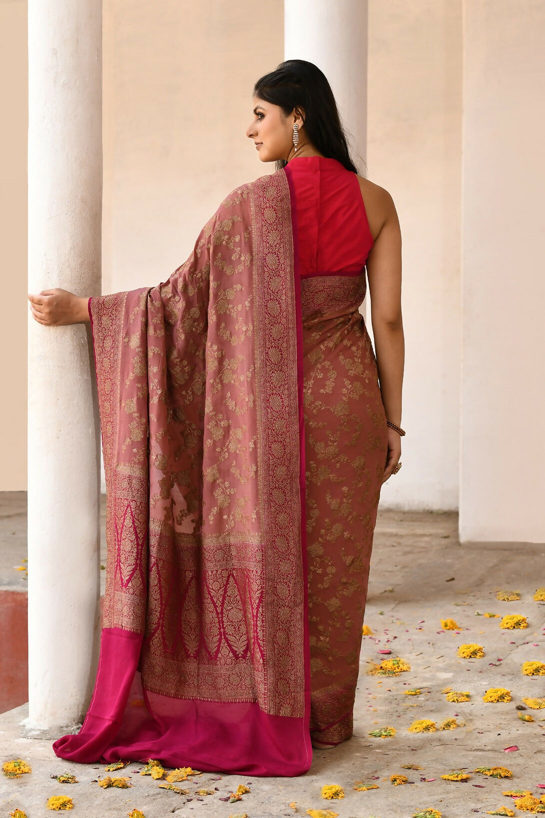 Joban Fashion Rouge Pink Crepe Chiffon Pure Handloom Banarasi Silk Saree | Grocsy