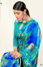 Blue Georgette Abstract Printed Saree With Unstitched Blouse Piece - Jyoti | Grocsy