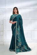 Teal Crepe satin silk Cord & Sequence Embroidered with Applique & Stone work Saree - Mohmanthan Majestica | Grocsy