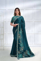 Teal Crepe satin silk Cord & Sequence Embroidered with Applique & Stone work Saree - Mohmanthan Majestica | Grocsy