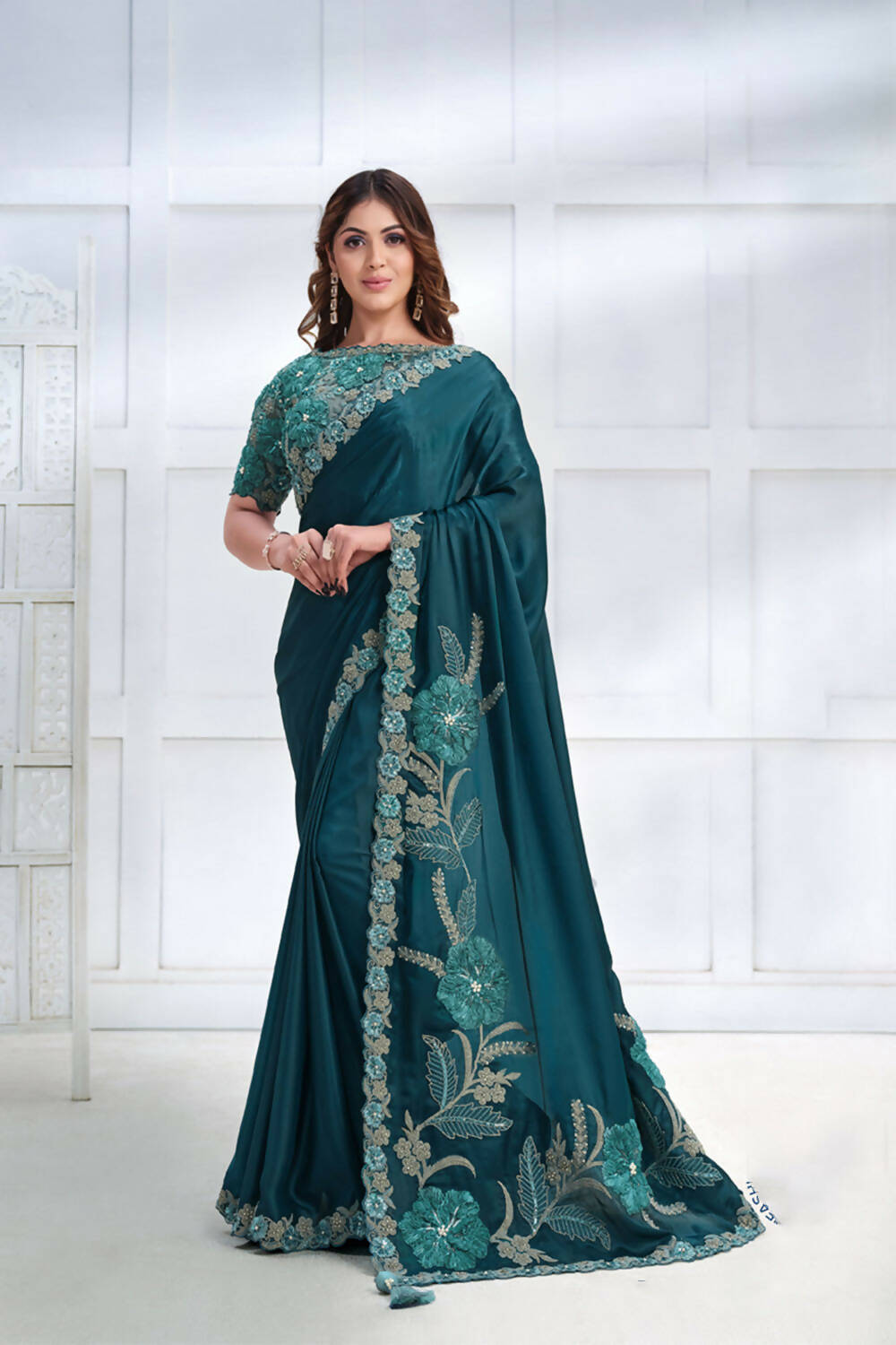 Teal Crepe satin silk Cord & Sequence Embroidered with Applique & Stone work Saree - Mohmanthan Majestica | Grocsy