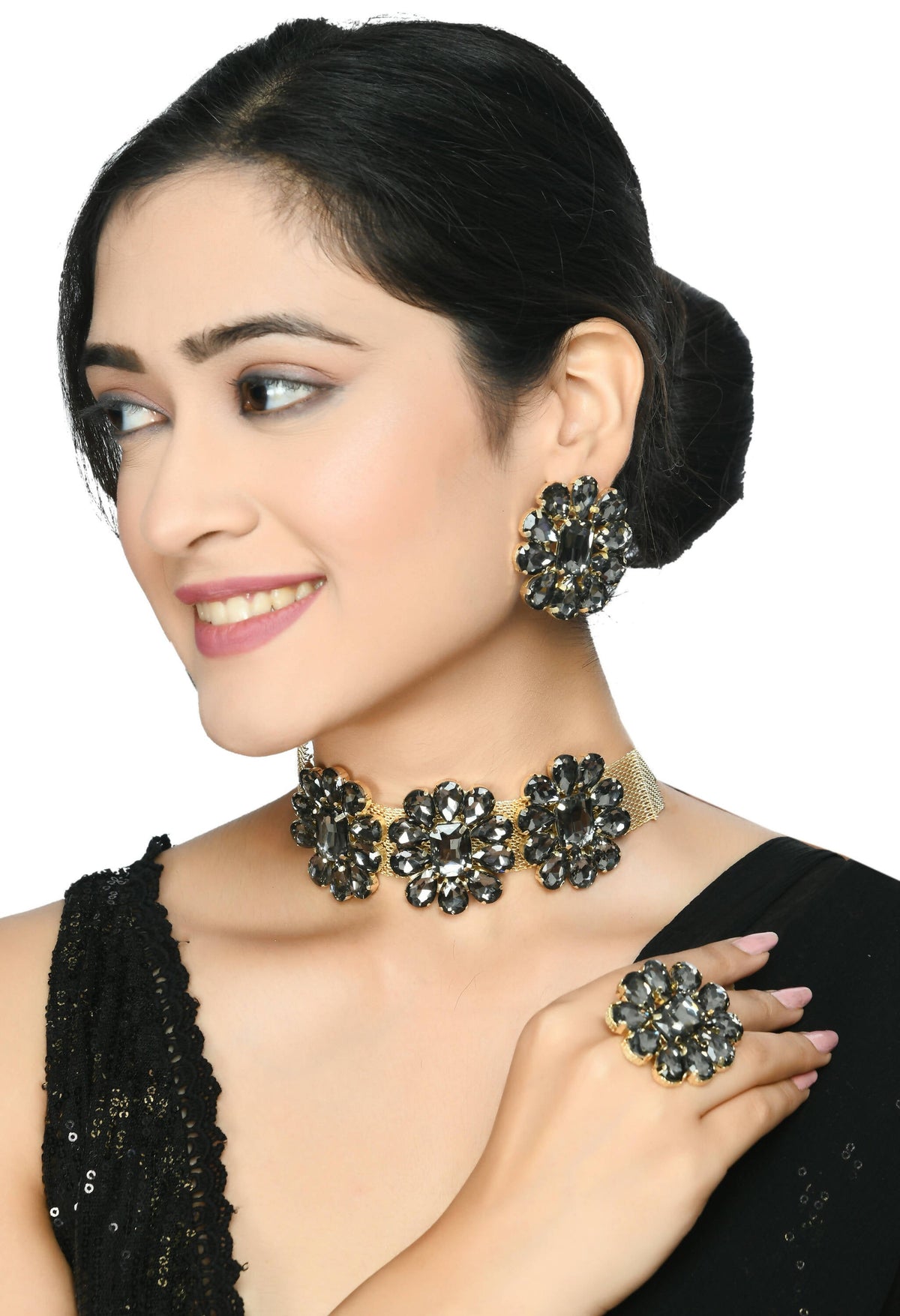 Mominos Fashion Joharkamal Gold-Polished Brass Finish Stone Choker For Women & Girls (Grey) | Grocsy