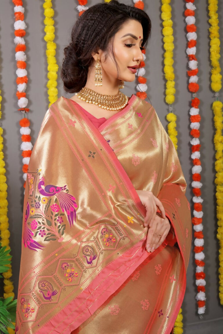 Jyoti Fashion Women's Peach Paithani Silk Zari Woven Saree with Blouse | Grocsy