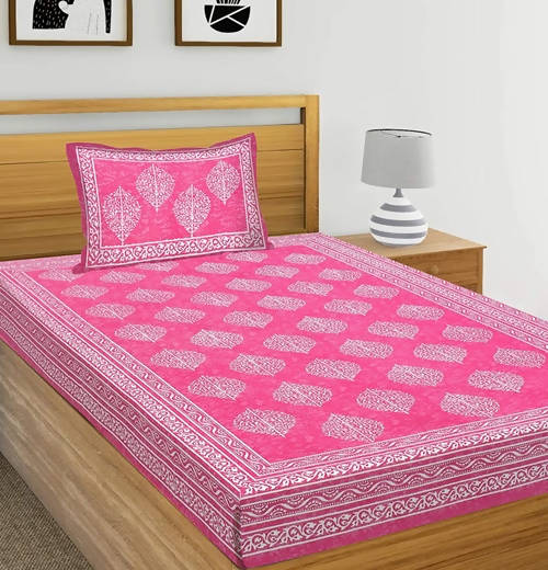 Vamika Printed Cotton Pink & White Combination Bedsheet With Pillow Covers (LEOC_BATIK_PINK) | Grocsy