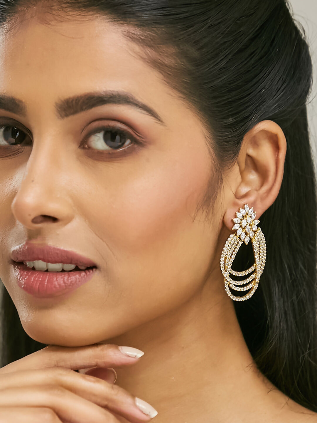 Nuyug 22K Gold-Plated Floral Motif Zircon Stone Studded Teardrop Shaped Elegant Drop Dangler Earrings | Grocsy