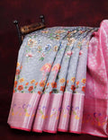 Grey And Baby Pink Colour Banaras Borders And Creeper Design Semi Silk Saree By Gayathri Reddy Designer Studio | Grocsy