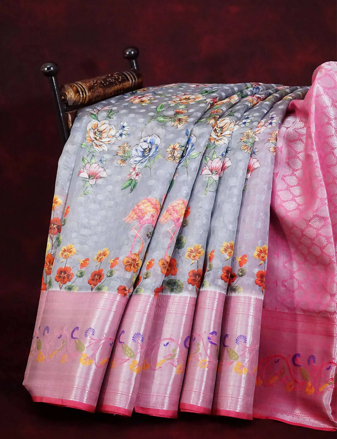 Grey And Baby Pink Colour Banaras Borders And Creeper Design Semi Silk Saree By Gayathri Reddy Designer Studio | Grocsy