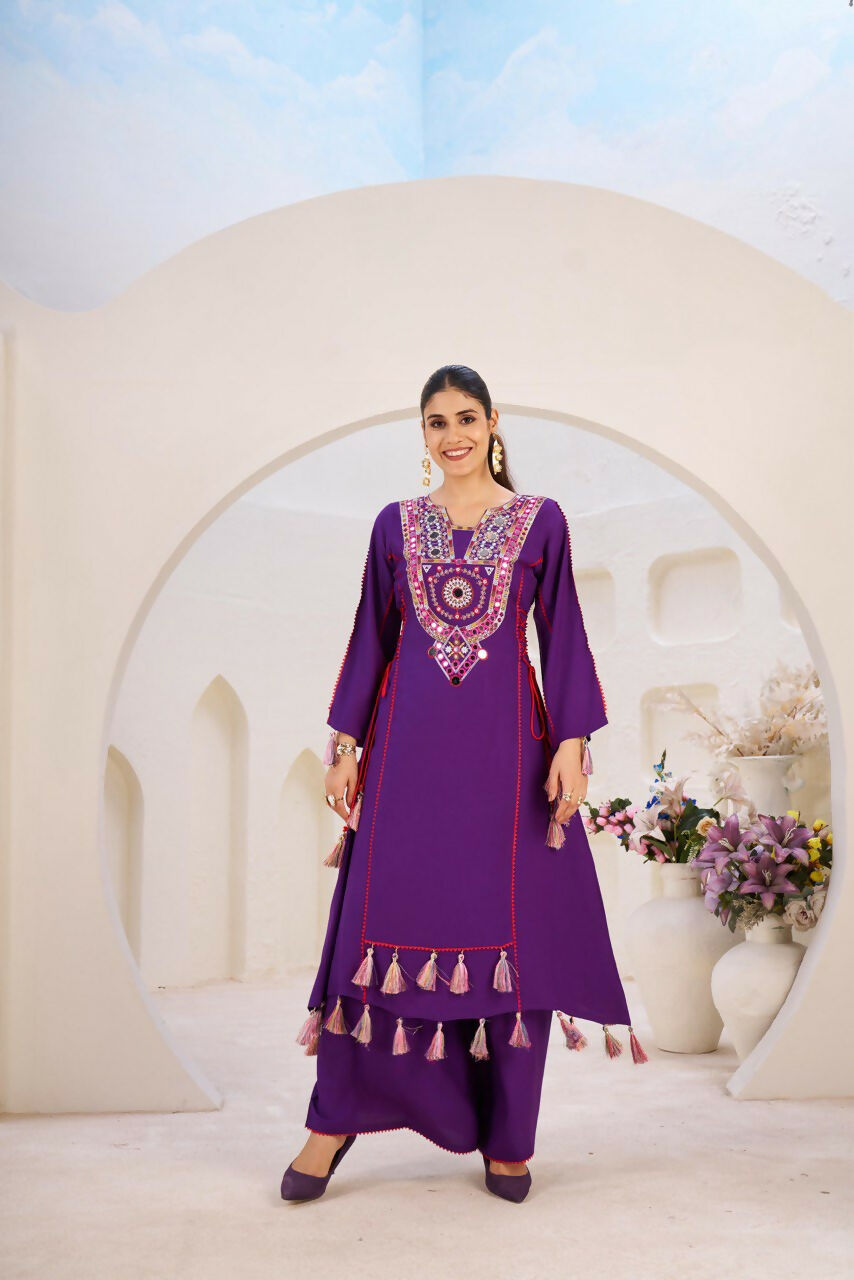 The52 Women's Gorgeous Rayon Fabric Thread Work Straight Kurta Palazzo Set | Grocsy