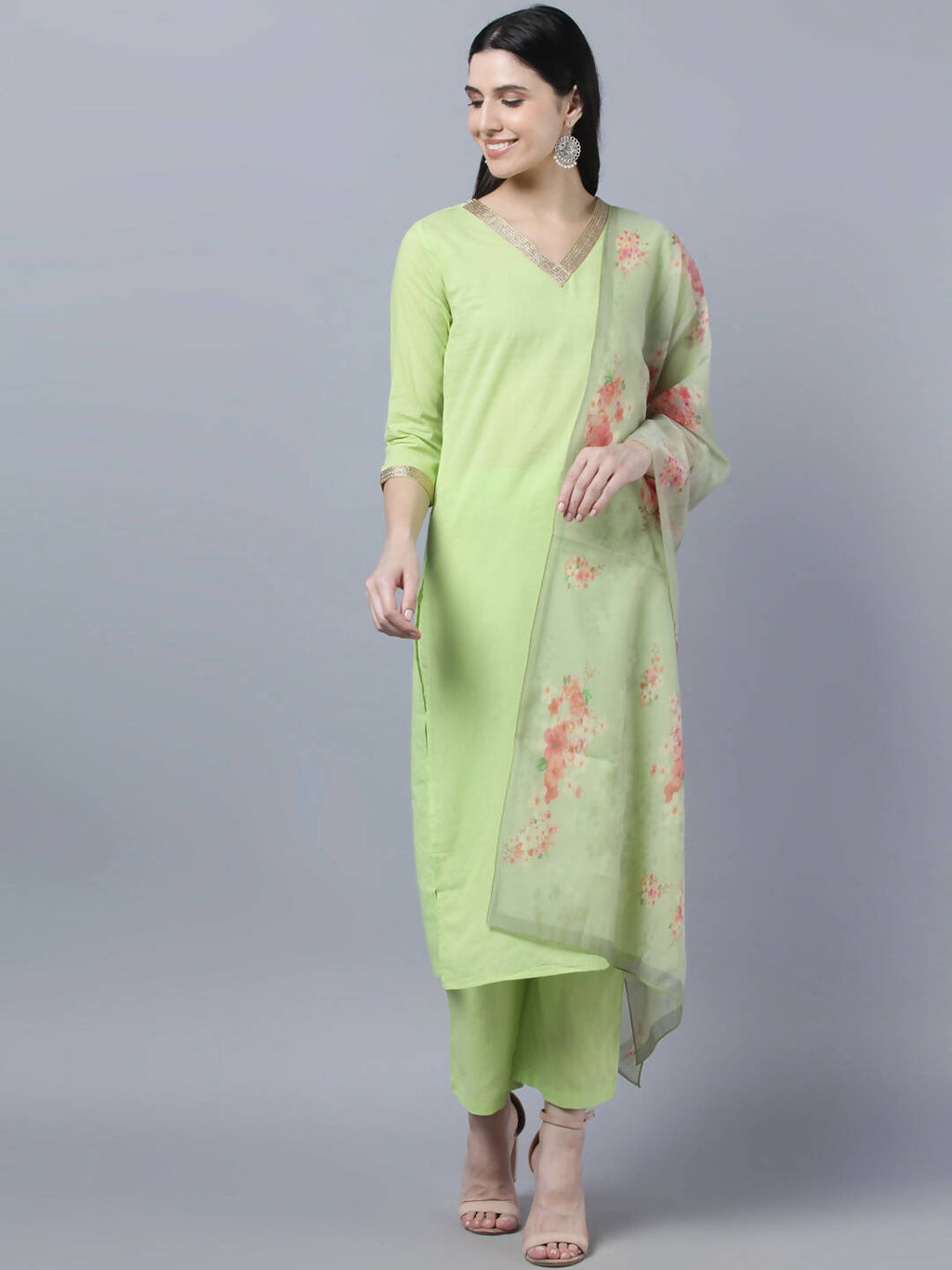 Myshka Women Green Regular Pure Cotton Kurta with Trousers With Dupatta Set | Grocsy
