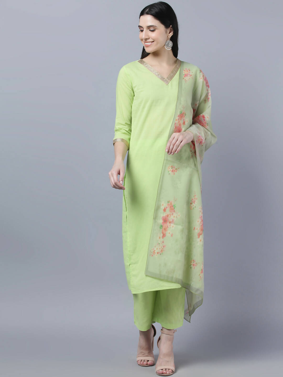 Myshka Women Green Regular Pure Cotton Kurta with Trousers With Dupatta Set | Grocsy