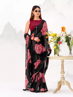 Vastranavya Black Floral Print with Lace Border work Chiffon Saree & Unstitched Blouse | Grocsy