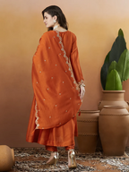 The52 Orange Women's Beautiful Vichitra Silk Fabric Embroidered Work Flared Anarkali Pant and Dupatta Set | Grocsy