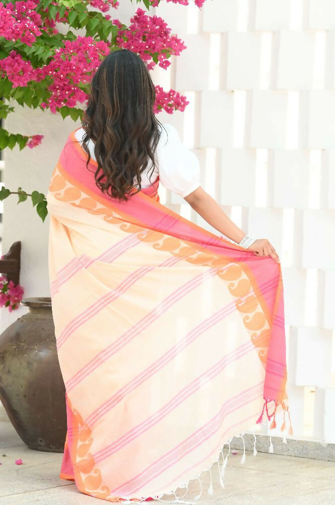Beatitude Cream Cotton Paisley Border Tangail Handloom Saree | Grocsy
