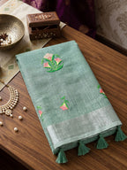 Shree Shyam Fashion Sea Green Linen Saree | Grocsy