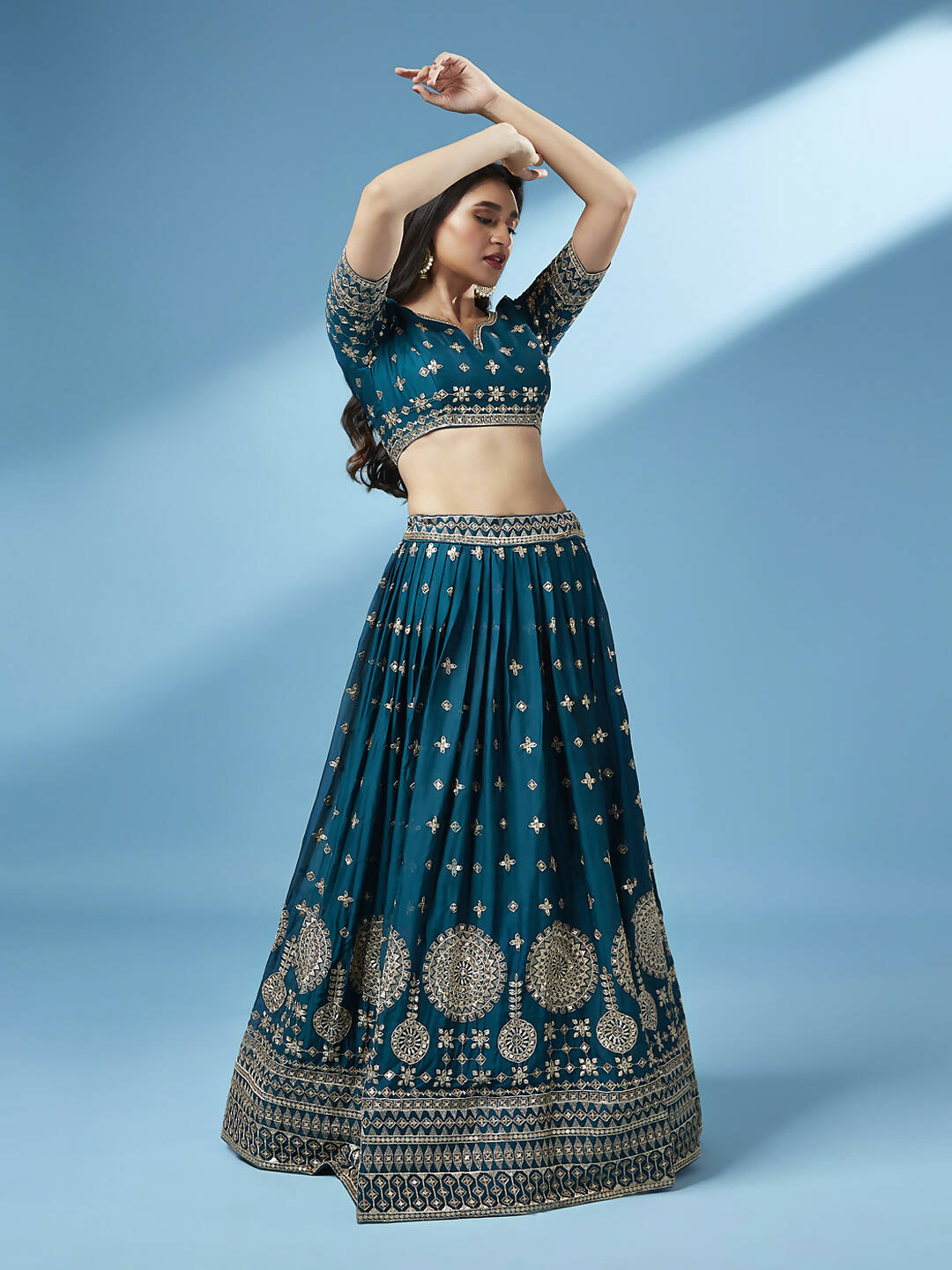 House of Panchhi Teal - Pure Georgette Embroidered Lehenga | Grocsy
