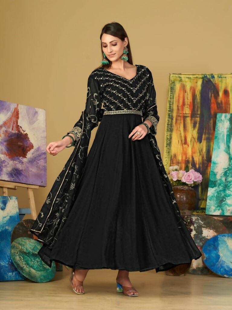 Jyoti Fashion Women's Black Georgette Embroidered Anarkali Kurta Pant Set With Dupatta | Grocsy