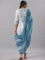 Juniper Women Sky-Blue Rayon Staple Kalamkari Printed Kurta, Pants and Dupatta Set | Grocsy
