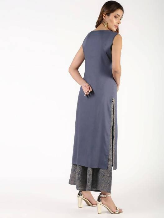 Aniyah Rayon Solid Pintucks Grey Kurta With Gold Print Palazzo Set (AN-153K) | Grocsy