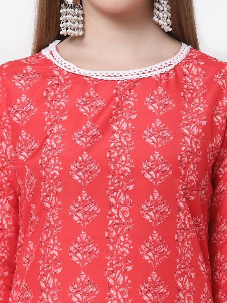 Myshka Red Color Cotton Printed Kurta With Pant Dupatta Set | Grocsy