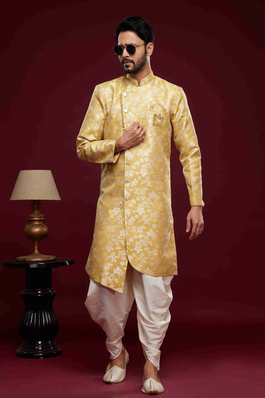 Raivat Ethnic Banarasi Jacquard Embroidery Semi Indo Western Sherwani In Cream Beige Colour | Grocsy