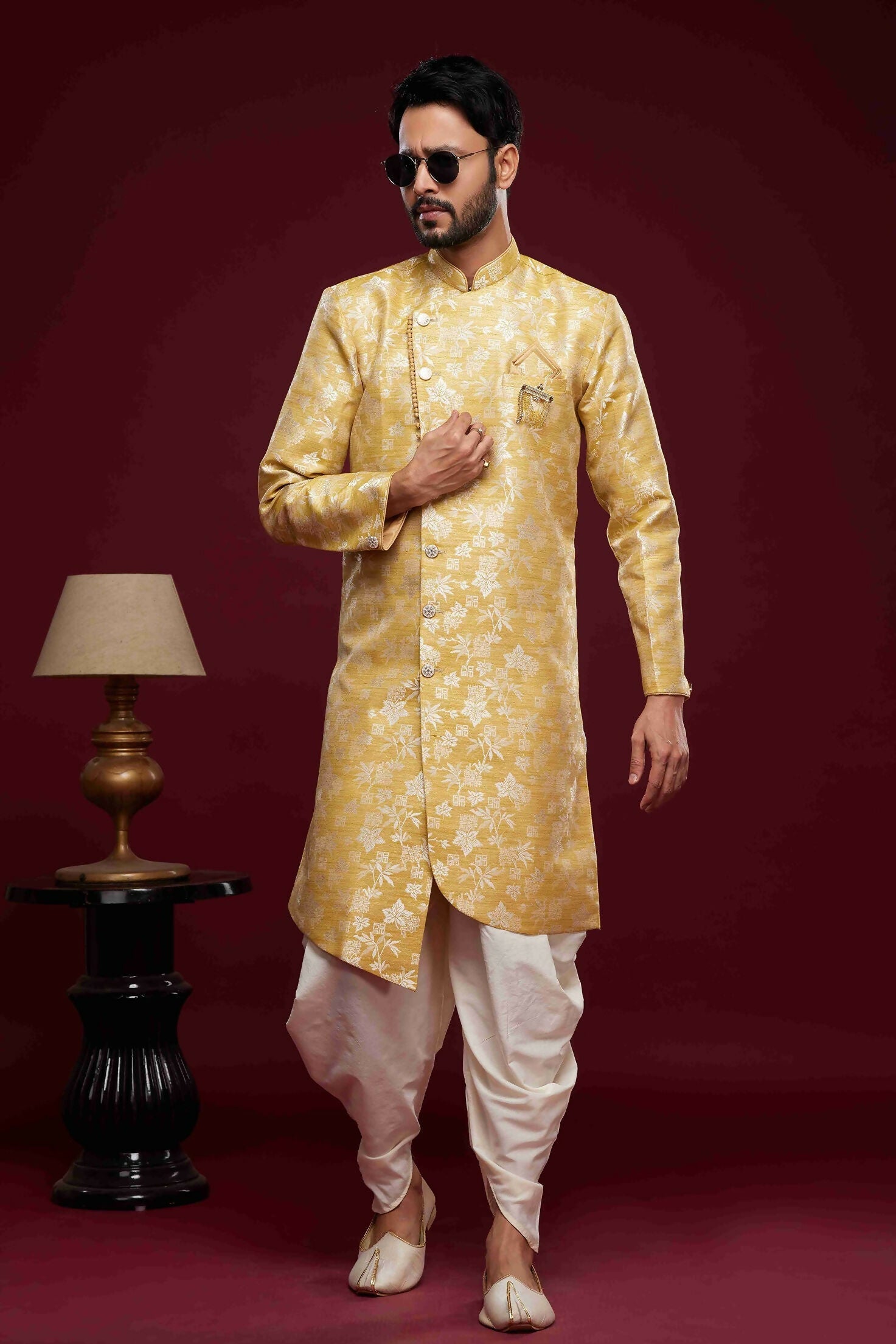 Raivat Ethnic Banarasi Jacquard Embroidery Semi Indo Western Sherwani In Cream Beige Colour | Grocsy