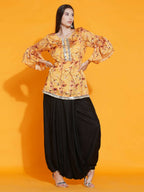 Women Republic Yellow Printed Satin Georgette Shirt With Bell Sleeves And Dhoti | Grocsy