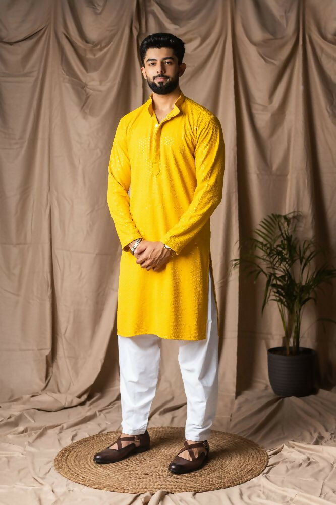 Light Yellow Rayon Thread Embroidery Work Kurta Set - Mahotsav | Grocsy