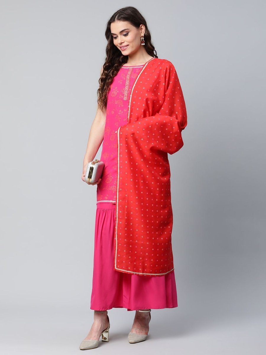 Ahalyaa Pink Crepe Orange khari Print Kurta Sharara Set With Dupatta | Grocsy