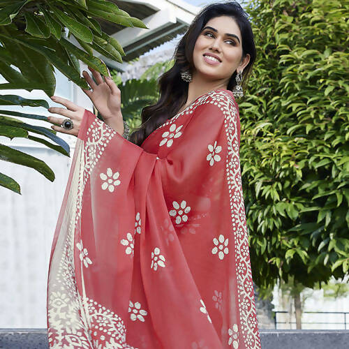 Women's Partywear Designer Peach Chinon Shiffon Fancy Saree - Dyuti | Grocsy