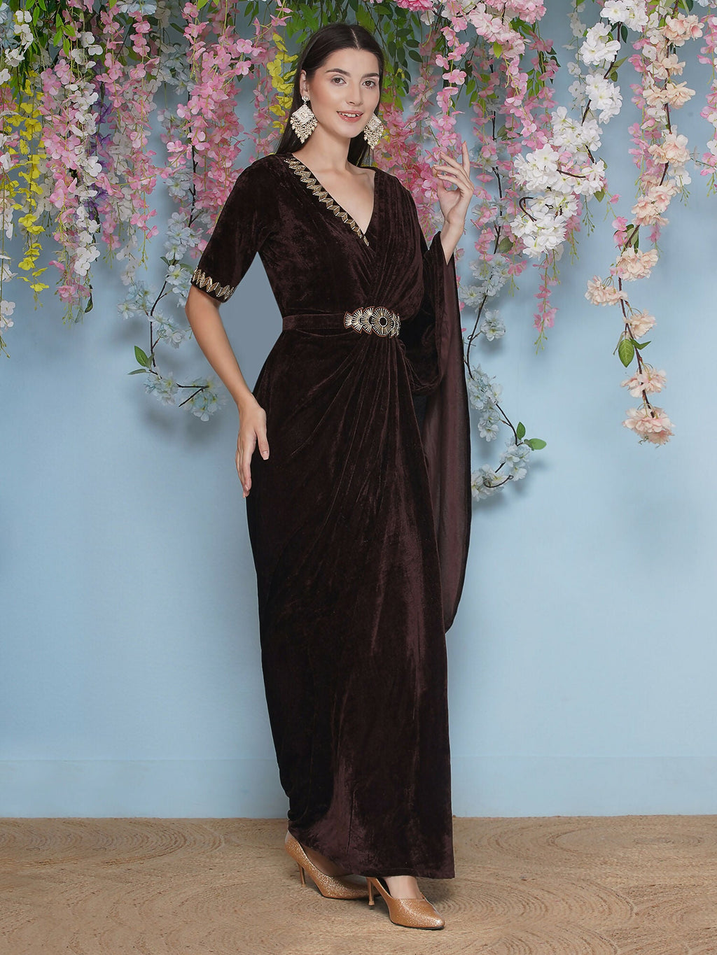 Joban Fashion Brown Hand Embellished Gown With Drape and Belt | Grocsy