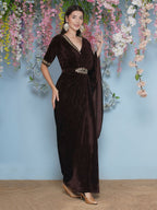 Joban Fashion Brown Hand Embellished Gown With Drape and Belt | Grocsy