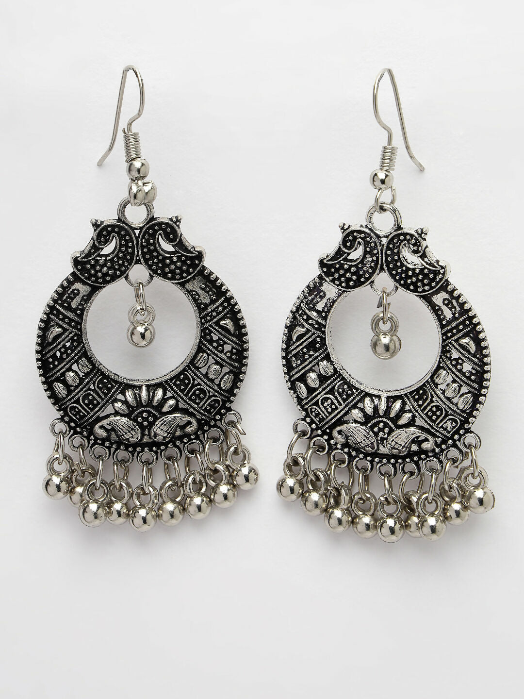 NVR Women's Silver-Plated German Silver Oxidised Chandbali Earrings