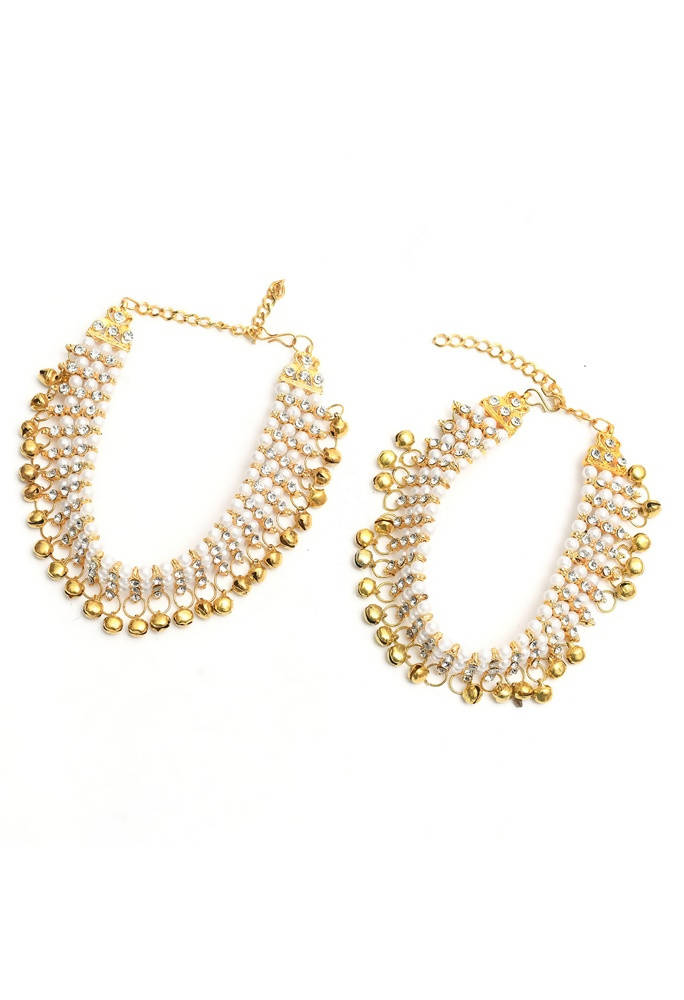 Mominos Fashion Kamal Johar Gold-Polished Pearls Anklets | Grocsy
