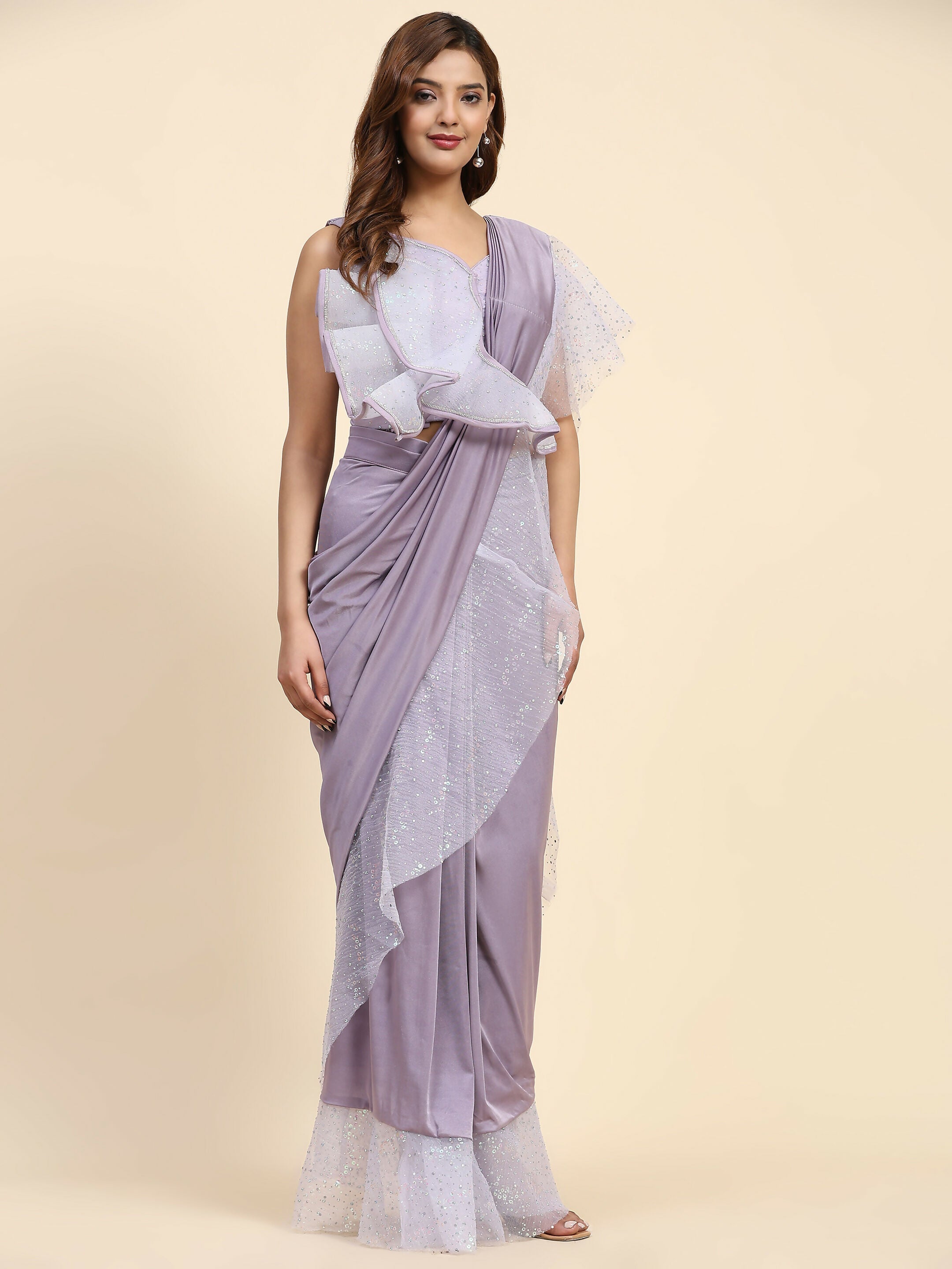 Light Purple Lycra Solid Ready to Wear Saree with stitched Blouse - Nita | Grocsy