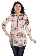 Snehal Creations Bold Beige Cotton Chikan Short Kurti Top With Batik Printing | Grocsy