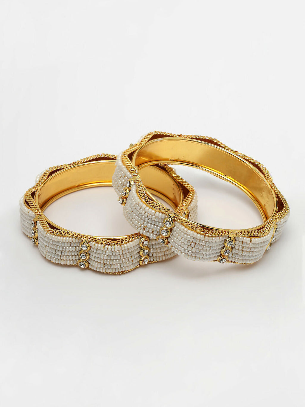 NVR Women's Set of 2 Gold-Polished Pearl Handcrafted Traditional Bangles