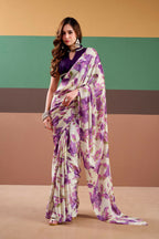 Vastranavya Purple Satin Silk Floral Printed Saree with Stitched Blouse | Grocsy