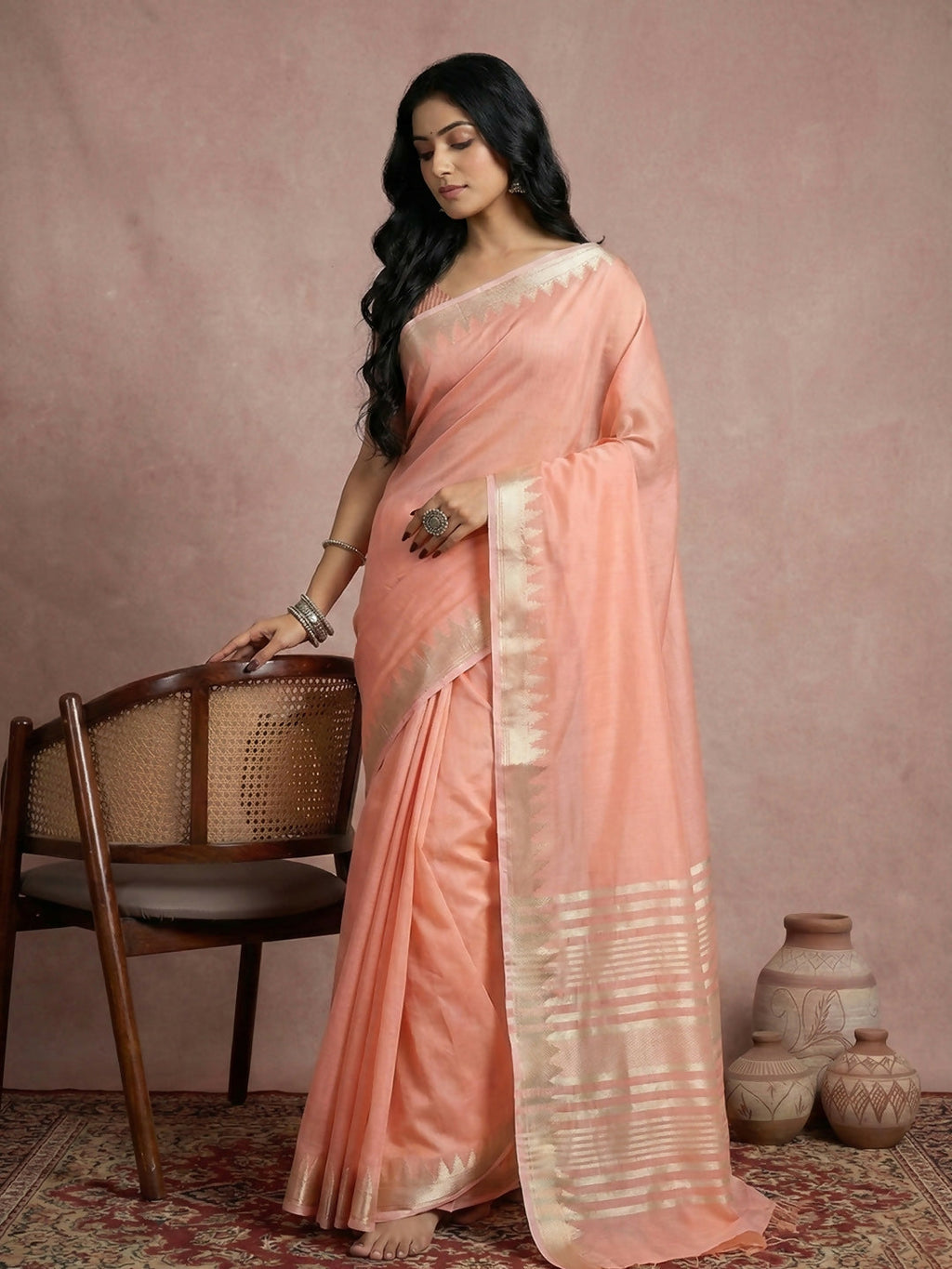 Shree Shyam Fashion Peach Cotton Saree | Grocsy