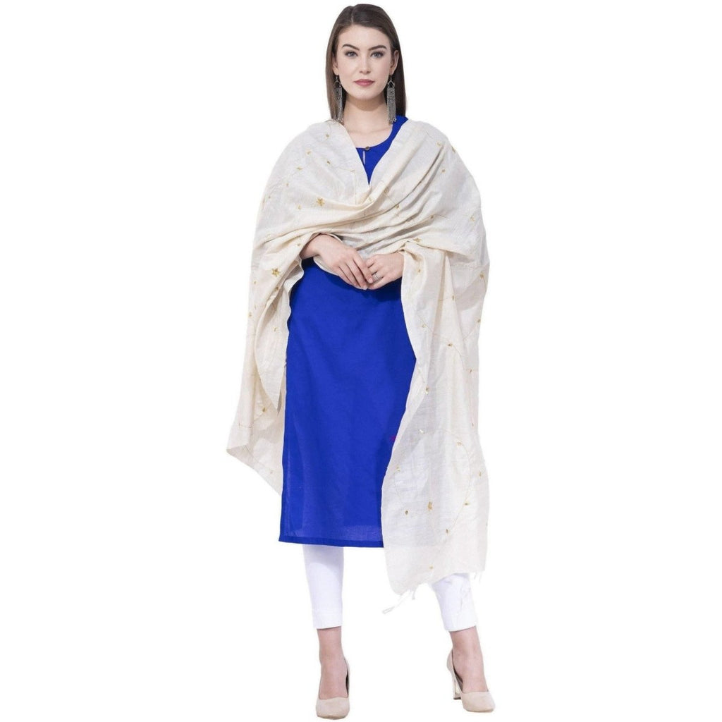 A R Silk Women's Zari Embroidery Pure Tussar Silk Light Golden Dupatta | Grocsy