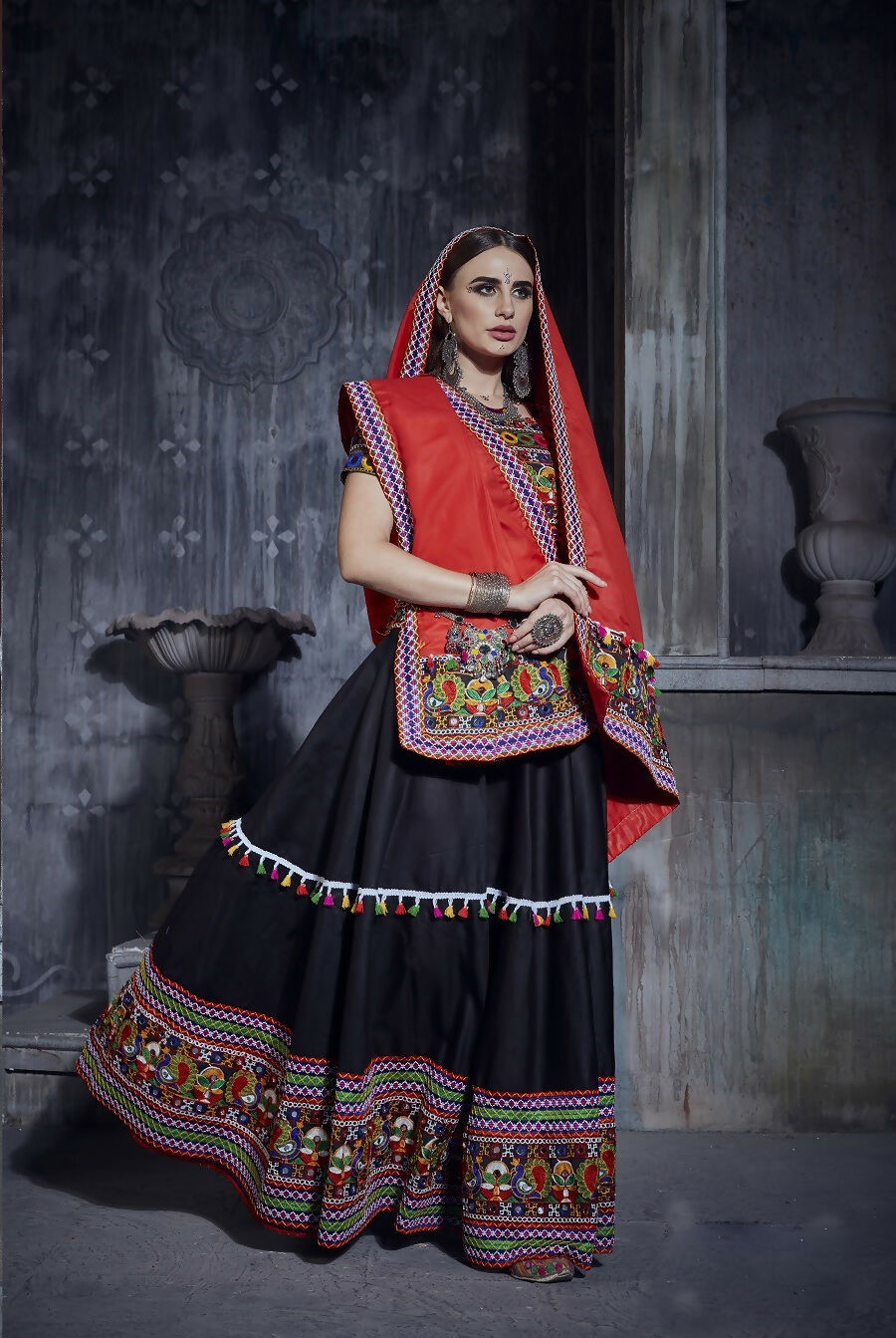 AI Fashion Black Art Silk Designer Navratri Lehenga Choli Collection | Grocsy