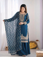 Teeya Creation New latest Trendy Embroidery Beads Work Kurta Sharara Set - Blue | Grocsy