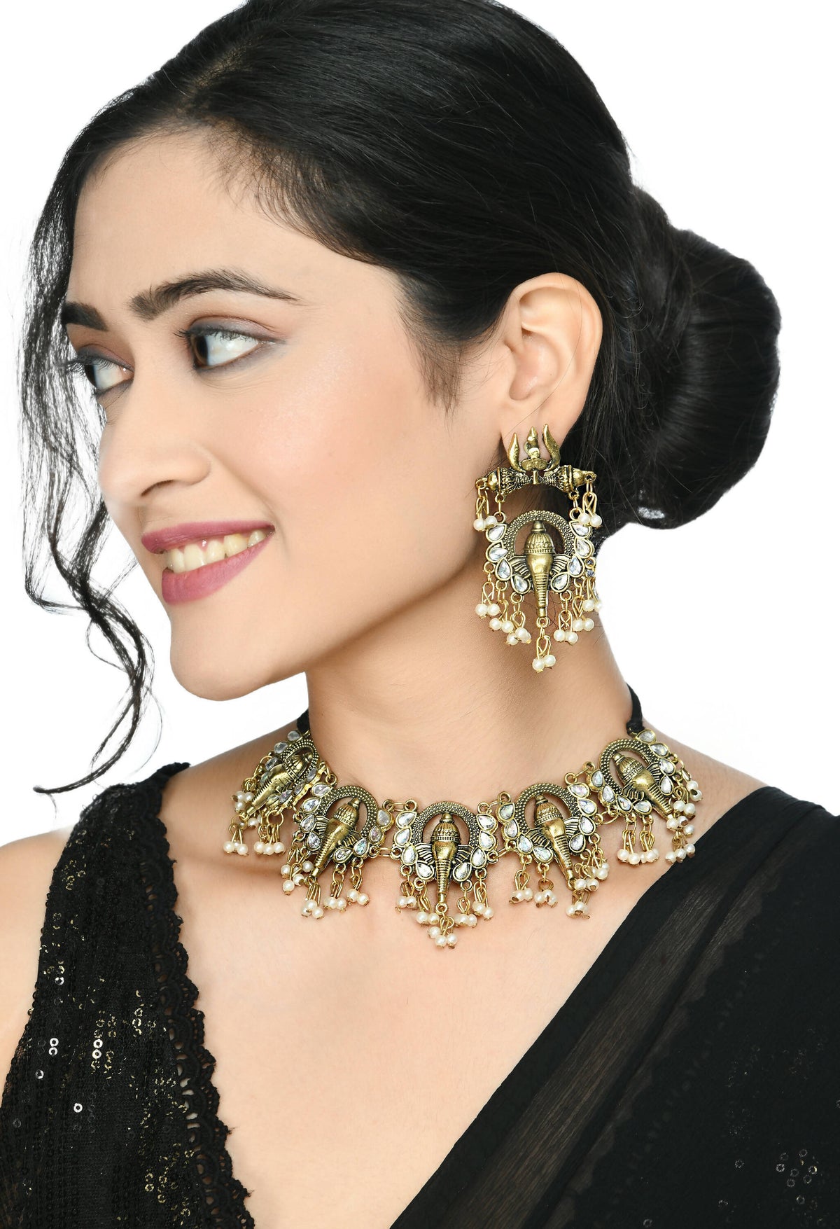 Mominos Fashion Johar Kamal Oxidised Gold-Polished Ganesha Design Necklace Choker Set | Grocsy
