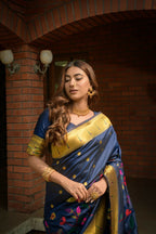 Jyoti Fashion Women's Navy Blue Paithani Silk Zari Woven Saree with Blouse | Grocsy