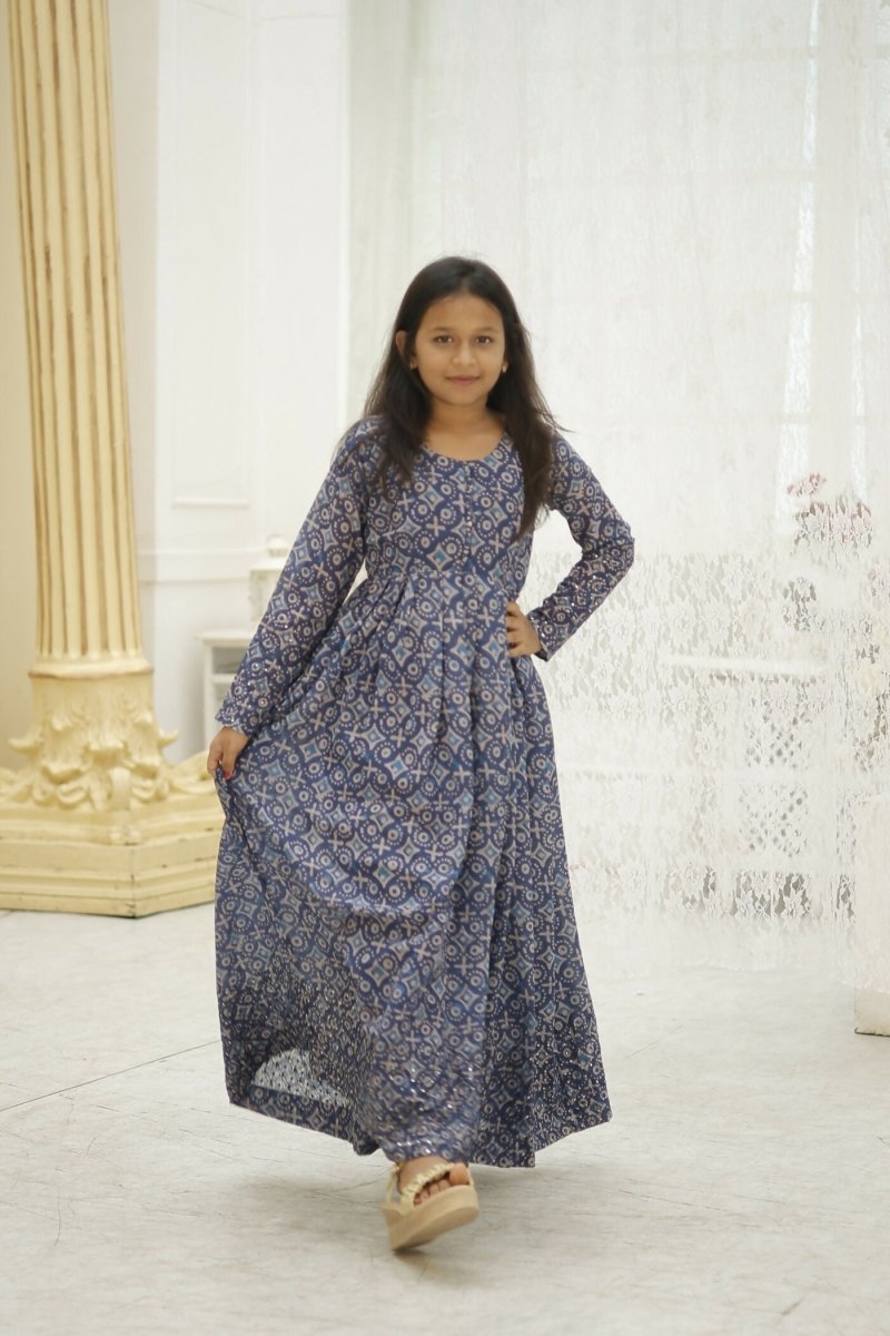 Aayaa Designer Printed Faux Georgette with Embroidery Zari Sequins-work Kids Gown | Grocsy