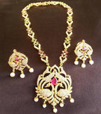Red Beaded AD Peacock Bridal Necklace Set