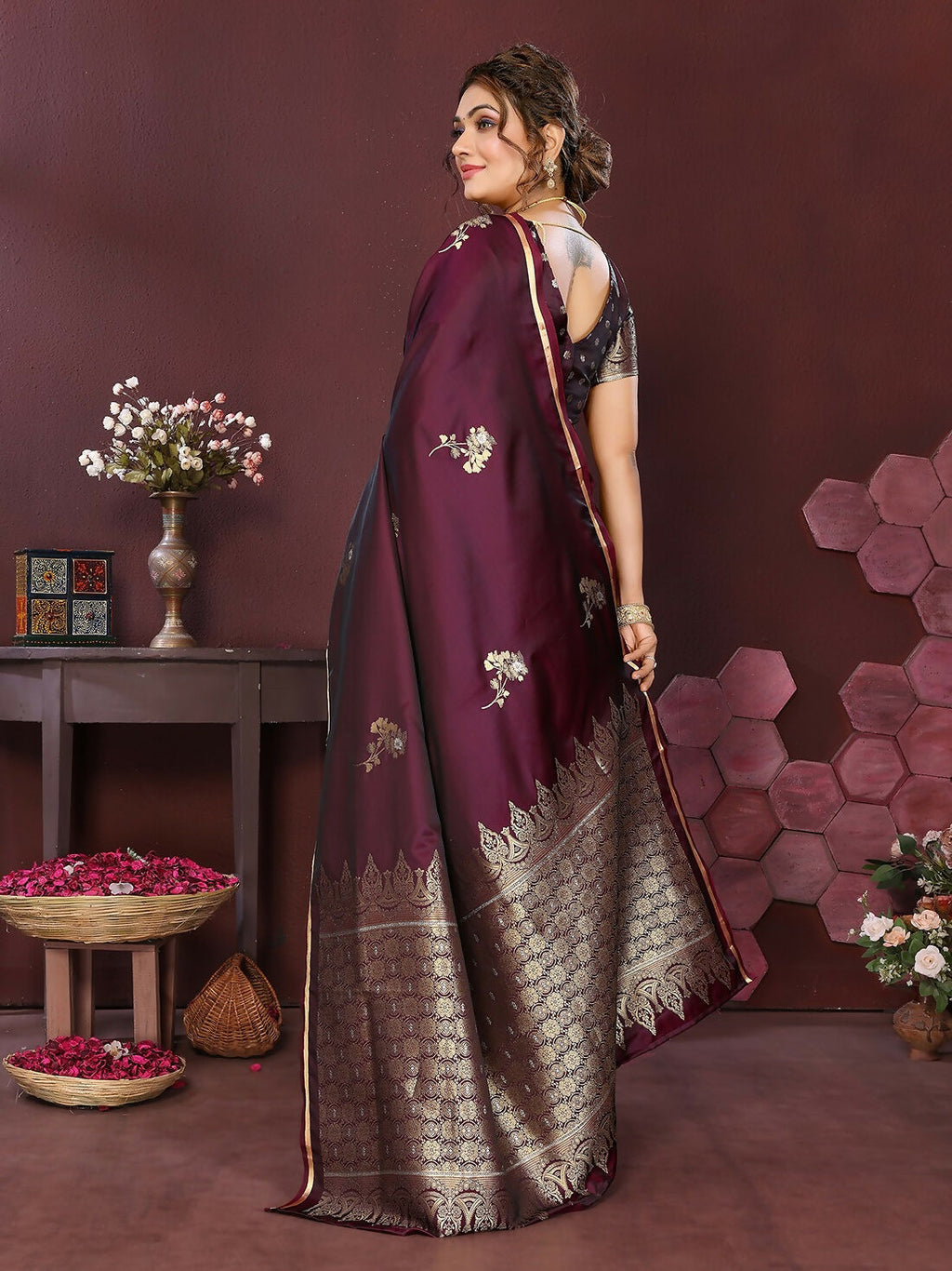 Joban Fashion Wine Floral Banarasi Silk Sarees | Grocsy