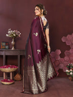 Joban Fashion Wine Floral Banarasi Silk Sarees | Grocsy