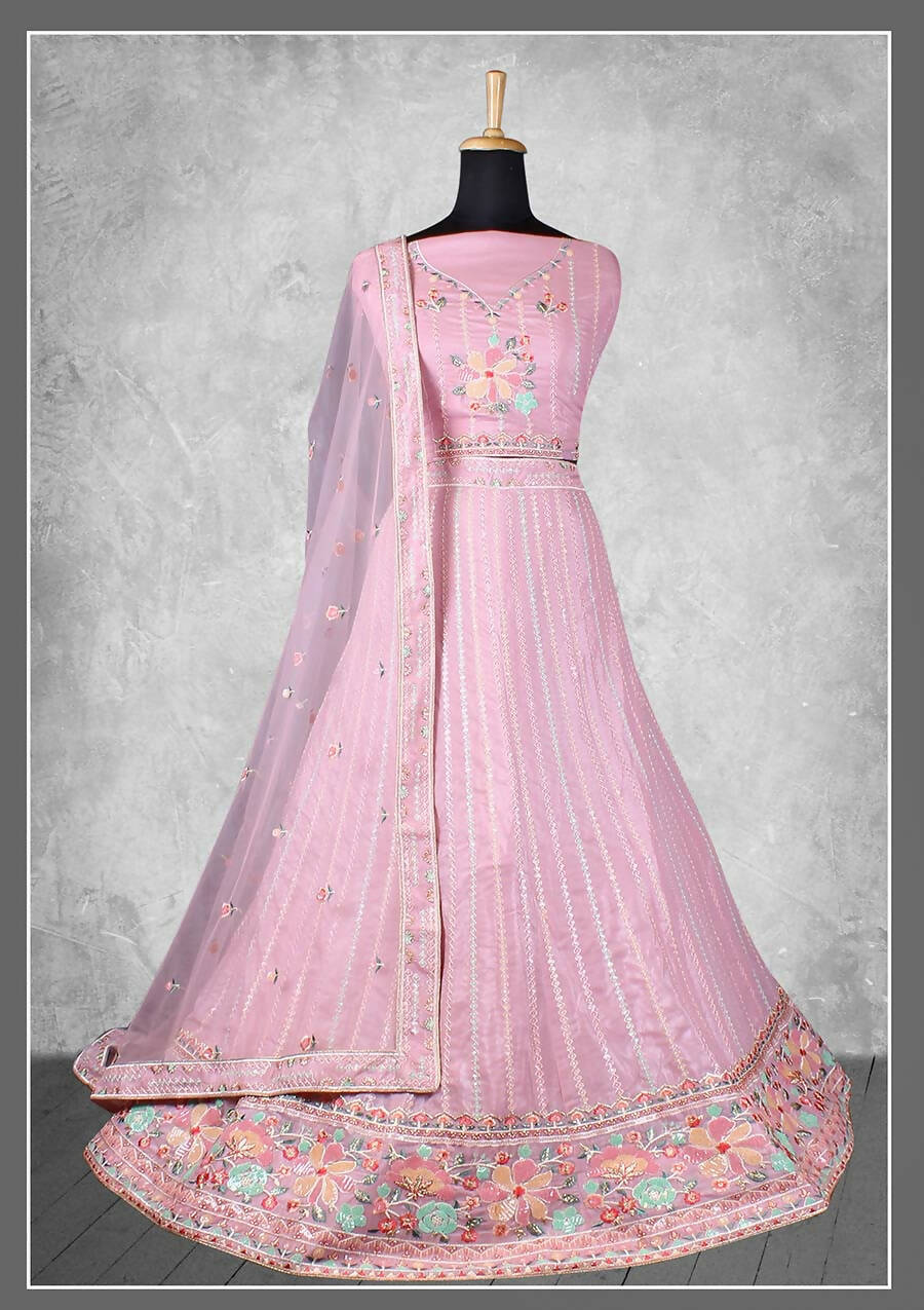 Light Pink Georgette Embroidery & Sequence Work Semi-Stitched Lehenga Choli - Nimaya Kangan | Grocsy