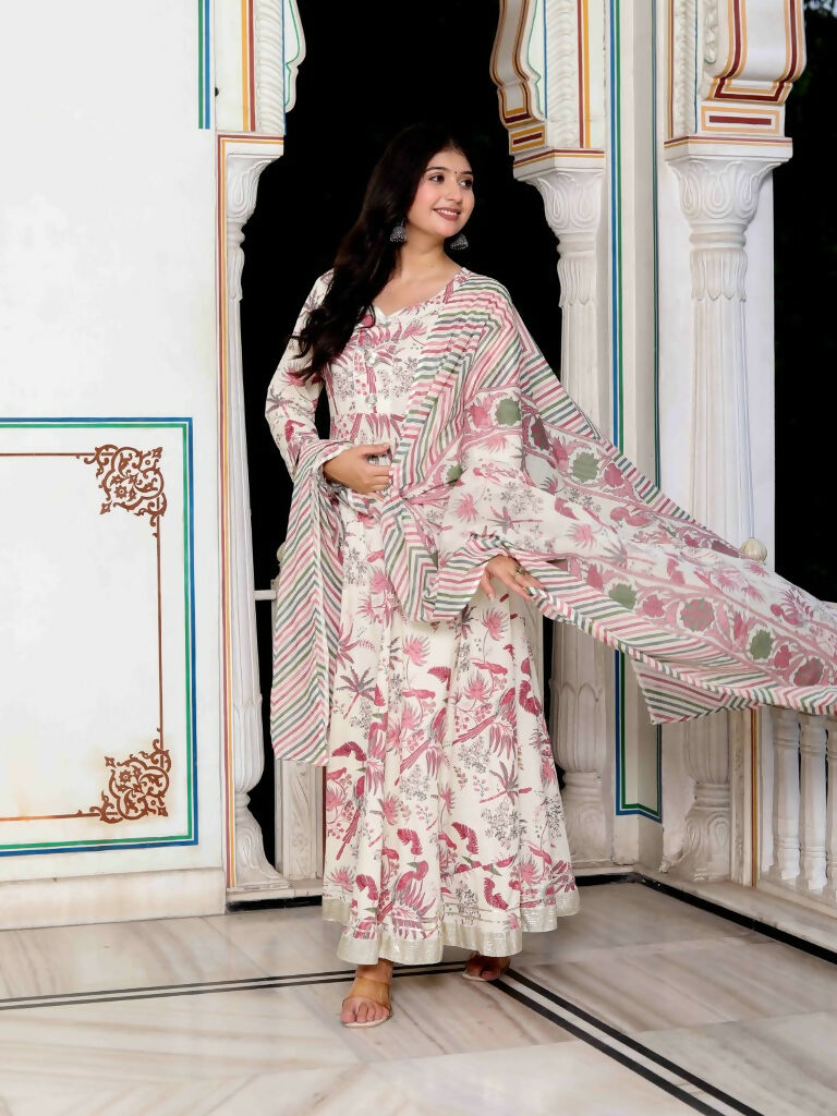Miravan Women's Light Pink Cotton Birds And Leaf Floral Printed Anarkali Kurta And Dupatta Set | Grocsy