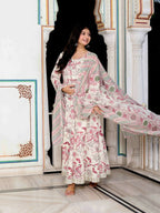 Miravan Women's Light Pink Cotton Birds And Leaf Floral Printed Anarkali Kurta And Dupatta Set | Grocsy